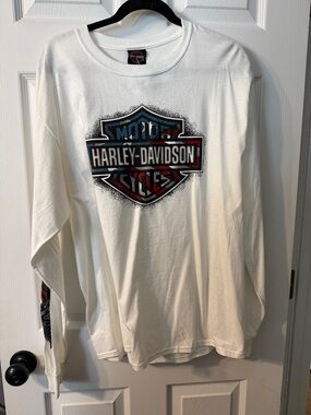 Harley-Davidson White Long Sleeve Shield Logo Tee with Red and Blue Accents